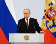 Vladimir Putin durante el discurso de la anexión a Rusia de Donetsk, Lugansk, Jersón y Zaporiyia.