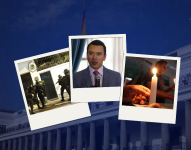 Tres fotografías: Incursión de la policía en la Embajada de México en Quito, Daniel Noboa y una foto referencial de apagones.