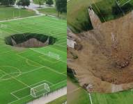 Imágenes del socavón en una cancha de fútbol en Alton, Estados Unidos.