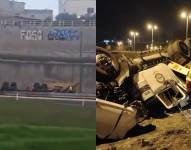 Camión volcado en el intercambiado de Tababela.