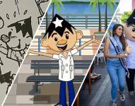 Una composición de Juan Pueblo representado en tiras cómicas, en una caricatura y en una traje de espuma.