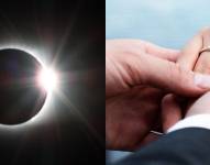 Eclipse solar y dos manos mostrando un anillo de compromiso.