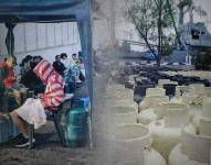 El buque Calicuchima, cargado de gas en Guayaquil, mientras las personas esperan en Galápagos.