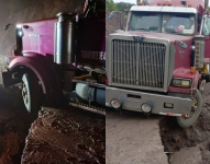Un tráiler quedó estancado en un tramo de la vía Cuenca-Girón-Pasaje.