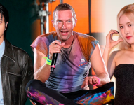 De izquierda a derecha: Jin, Chris Martin y Rosé.