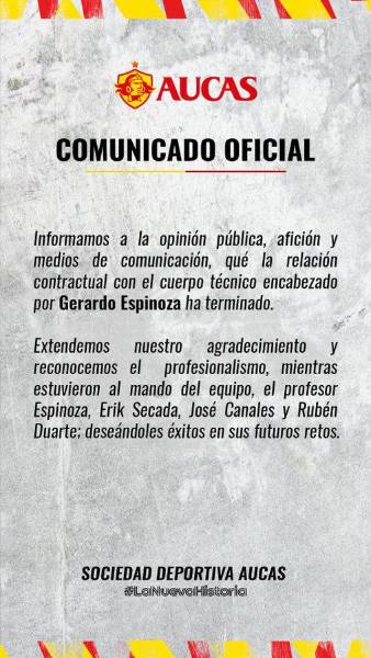 Gerardo Espinoza dejó de ser el Director Técnico de Aucas