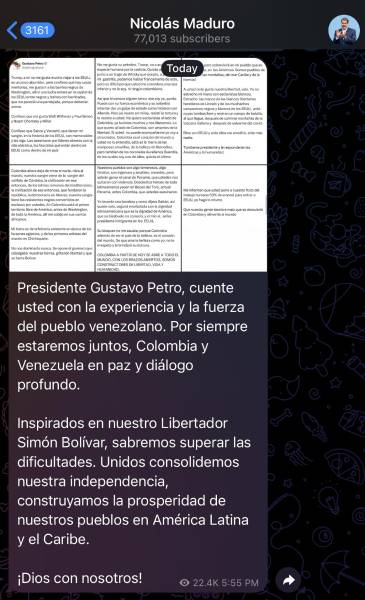 Mensaje de apoyo de Nicolás Maduro