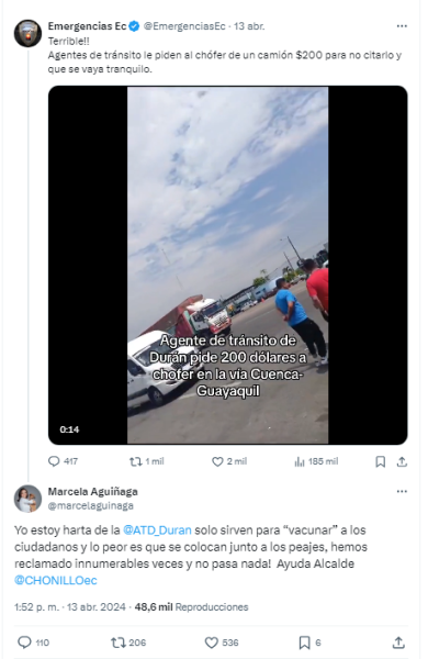 Respuesta de Marcela Aguiñaga, prefecta del Guayas, ante video viral en redes sociales de un agente de tránsito cometiendo actos de corrupción.