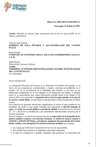 Carta enviada a autoridades en Daule.