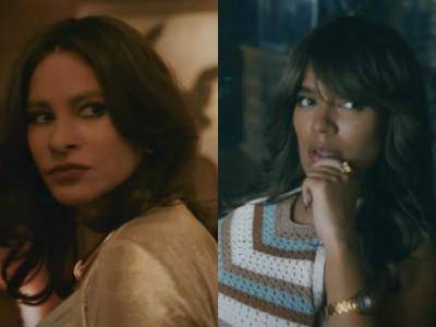 Izquierda, Sofía Vergara en su papel de Griselda. Derecha, Karol G en el tráiler de la serie.