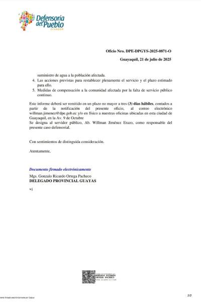 Carta enviada a autoridades en Daule.