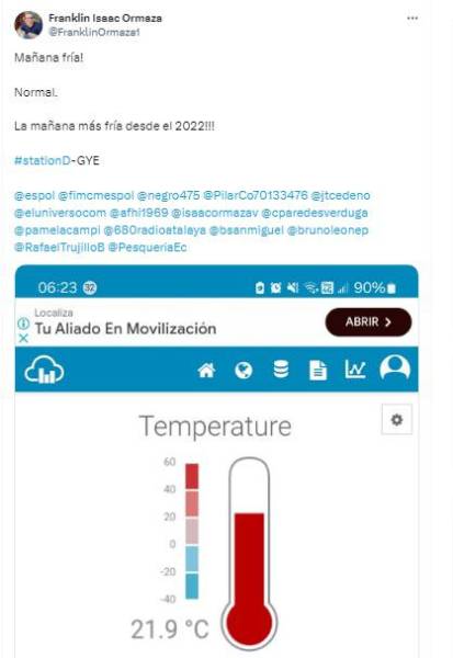 “Hemos tenido una ráfaga de viento muy fuerte, hoy día tuvimos la mañana más fría desde 2022, escribió Franklin Ormaza en redes sociales. el pasado 21 de mayo de 2024.