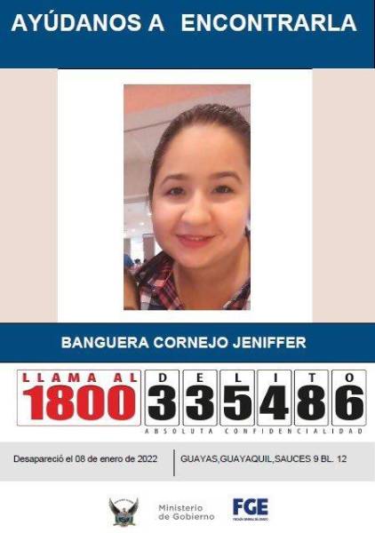 Cartel del desaparecimiento de Jeniffer Banguera Cornejo, el 8 de enero de 2022.