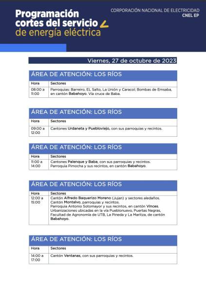 Apagones en Ecuador: Estos son los horarios de los cortes de energía anunciados para el 27 de octubre en las provincias
