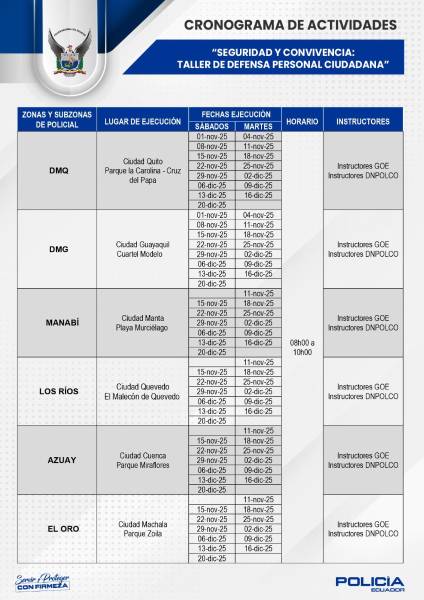 Imagen del cornograma de los talleres de defensa personal ciudadadana en Quito, Guayaquil, Mnata, Quevedo, Cuenca y El Oro.