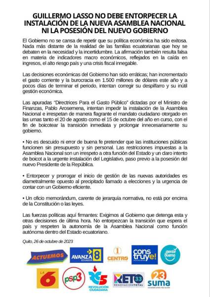 El Ministerio de Finanzas asegura que la Asamblea Nacional recibirá presupuesto para su instalación y posesión del nuevo gobierno