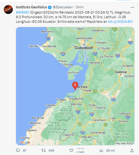 Un sismo de 6.0 se registró en Machala la madrugada de este lunes 21 de agosto