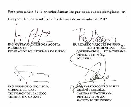 Convenio que Ecuavisa, FEF, TC y GAMA TV firmaron para la transmisión de los partidos
