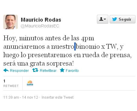 Mauricio Rodas anunciará en Twitter quién es su compañero de fórmula