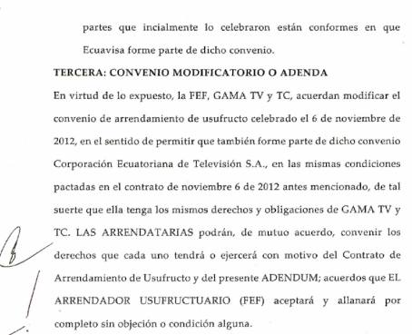 Convenio que Ecuavisa, FEF, TC y GAMA TV firmaron para la transmisión de los partidos