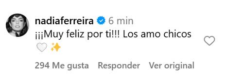 Nadia Ferreira felicita a los nuevos papás.