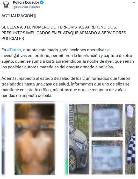 Tres sujetos son detenidos en Durán por un ataque armado contra dos policías
