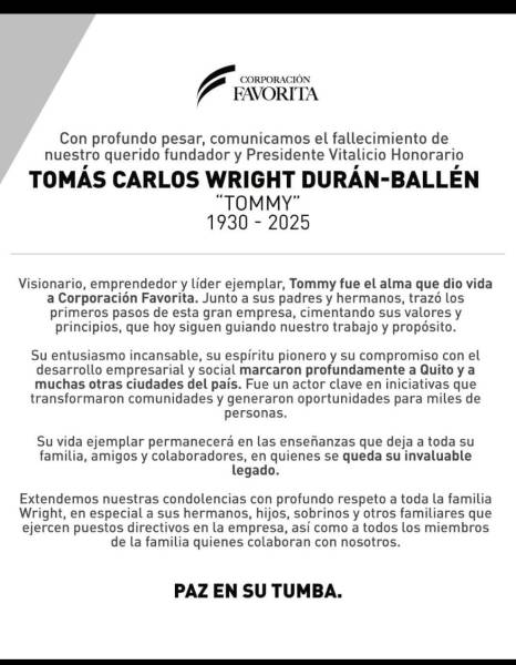 El empresario y uno de los fundadores de Corporación Favorita, Tommy Wright, falleció el domingo 24 de agosto