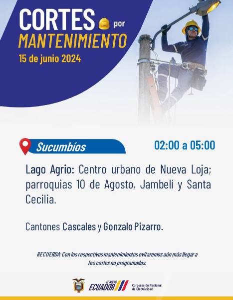 Horarios de cortes de energía en Sucumbíos.