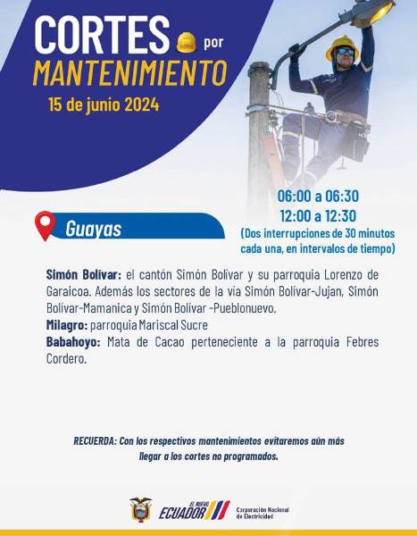 Horarios de cortes de energía en Guayas y Los Ríos.