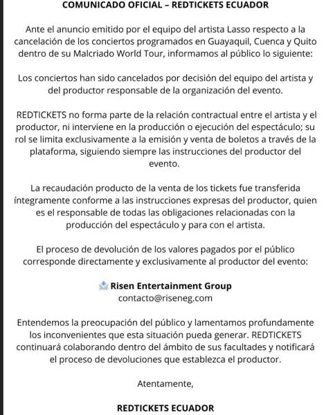 Comunicado de Red Tickets.