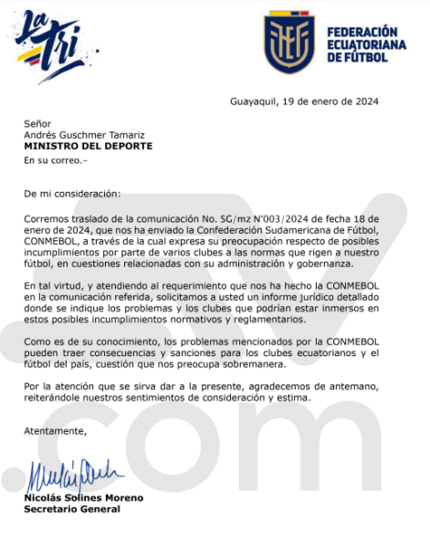 Imagen del comunicado de la FEF hacia el Ministerio de Deporte, enviado este 19 de enero.