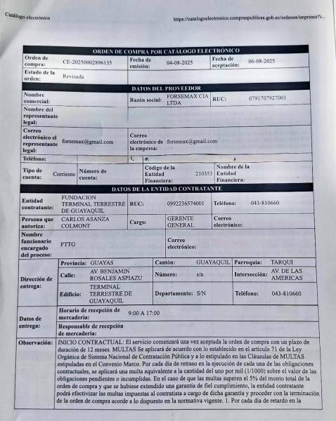 Imagen compartida por el Municipio de Guayaquil del documento que comprueba que la empresa de seguridad contratada para la Terminal Terrestre fue seleccionada por catálogo electrónico