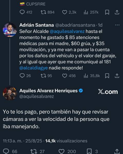 Imagen de la respuesta de Aquiles Álvarez, alcalde de Guayaquil, a un ciudadano.