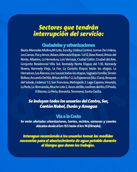 Imagen de los sectores que sí tendrán cortes de agua en el norte de Guayaquil.