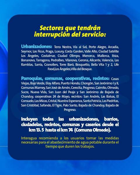 Imagen de los sectores que tendrán corte de agua en Guayaquil el 29 de noviembre de 2025.