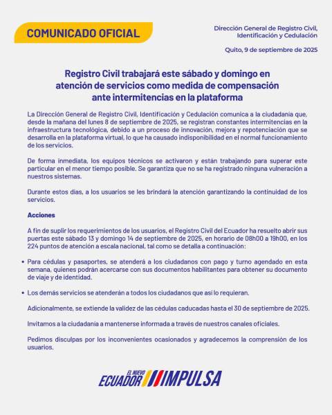 Comunicado del Registro Civil por las intermitencias de su servicio.