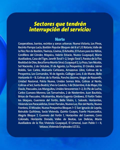 Imagen de los sectores que sí tendrán cortes de agua en el norte de Guayaquil.