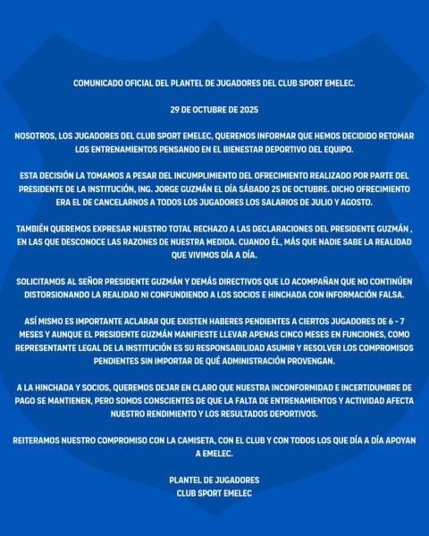 Jugadores de Emelec retornarán a los entrenamientos pese a incumplimiento de pagos de la dirigencia