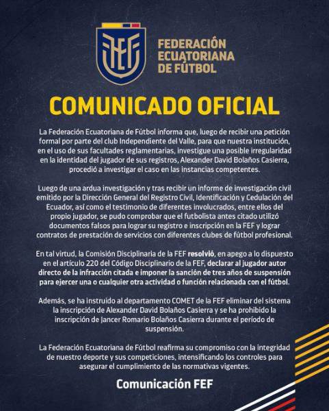 Caso Bolaños: la FEF confirma la sanción impuesta al exjugador de Independiente del Valle