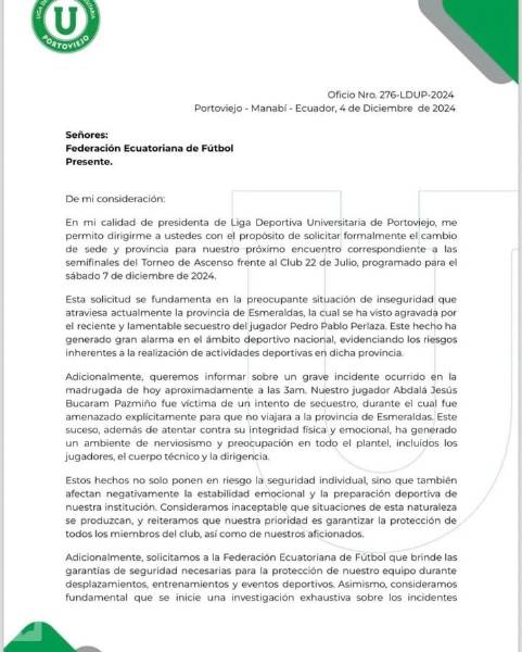 Liga de Portoviejo solicitó a la FEF que el partido contra 22 de Julio no se juegue en Esmeraldas