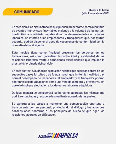 Ministerio del Trabajo permite acordar vacaciones o recuperar horas por el paro nacional en Ecuador.