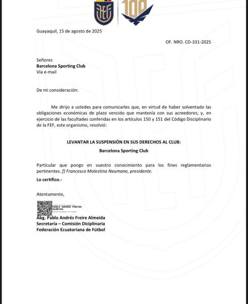 Barcelona SC pagó valores pendientes y quedó habilitado por la FEF para disputar su partido ante Macará