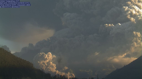 Actividad de volcán Tungurahua sigue alta y su ceniza cubre a varios poblados