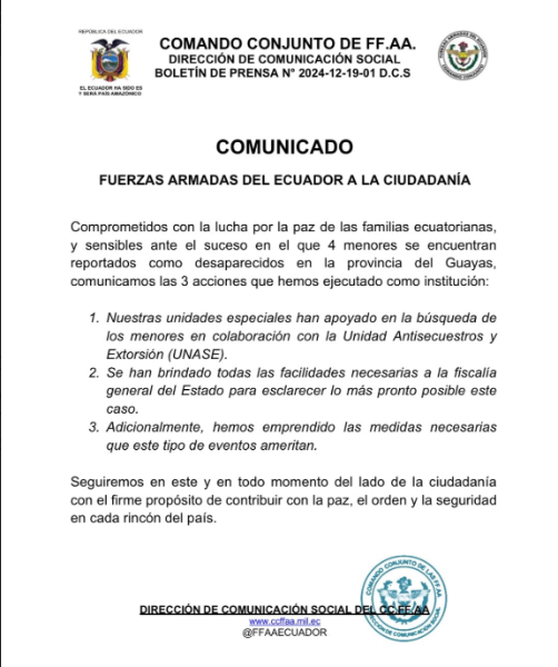 Comunicado oficial sobre la desaparición de cuatro menores de edad en Guayaquil.