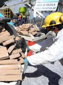 Las autoridades aplican un proceso de encapsulamiento para destruir la droga decomisada durante operativos en Ecuador.