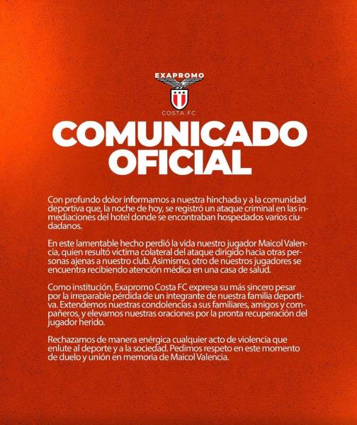 Exapromo Costa FC lamenta la pérdida de Maicol Valencia, víctima de asisinato múltiple en un hostal en Manta