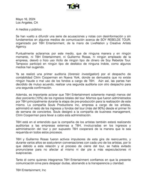 Comunicado enviado por la empresa T6H