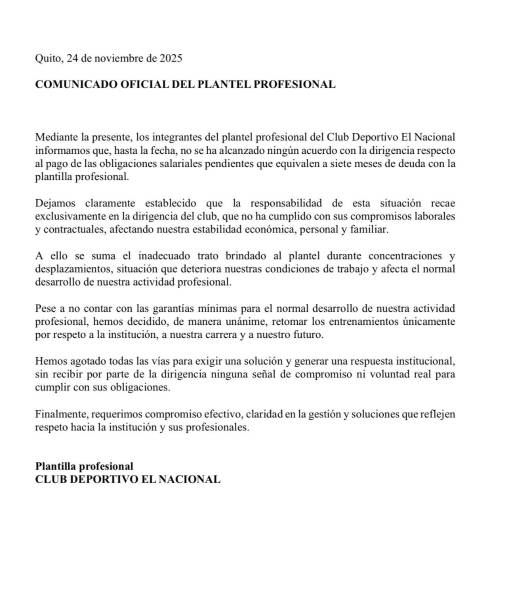Crisis en El Nacional: jugadores denuncian siete meses de deuda y responsabilizan a la dirigencia