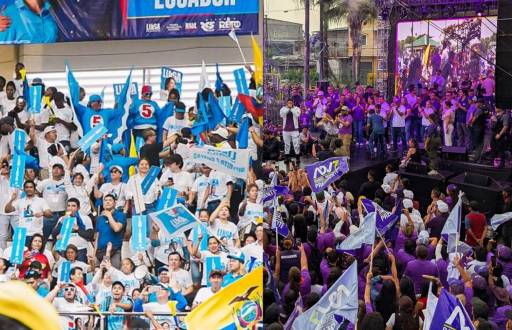 Imagen de mitines políticos del Movimiento Revolución Ciudadana (RC5) y Acción Democrática Nacional (ADN) durante la campaña electoral de 2025.