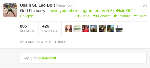 Usain Bolt pide disculpas a Dios en instagram y twitter: "God I am sorry"